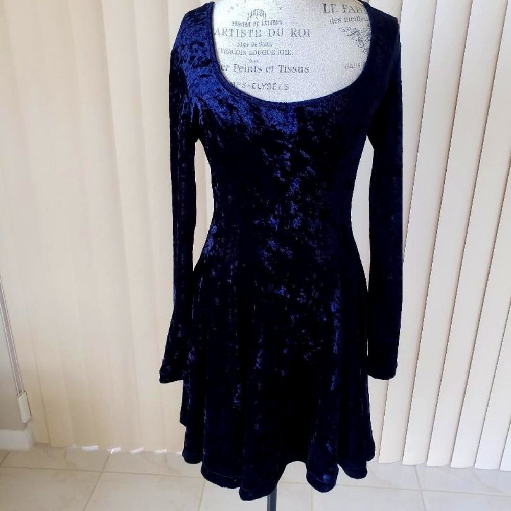 Jumping Joy Navy Blue Crushed Velvet Long Sleeve Dress